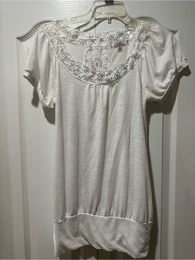 lei Cream Crochet Yoke Short Sleeve Tunic